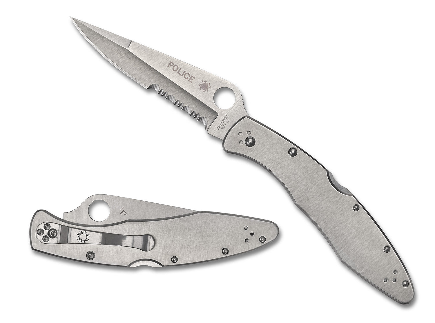 Spyderco Police Folding Knife 4.13" Plain VG-10 Satin Blade Stainless Steel Handle with Pocket Clip