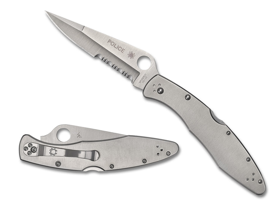 Spyderco Police Folding Knife 4.13" Plain VG-10 Satin Blade Stainless Steel Handle with Pocket Clip