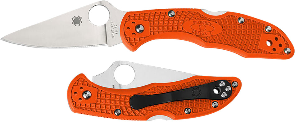 Spyderco Delica 4 Lightweight Folder 2.88" Plain Satin VG-10 SS Blade Orange Bi-Directional FRN Handle