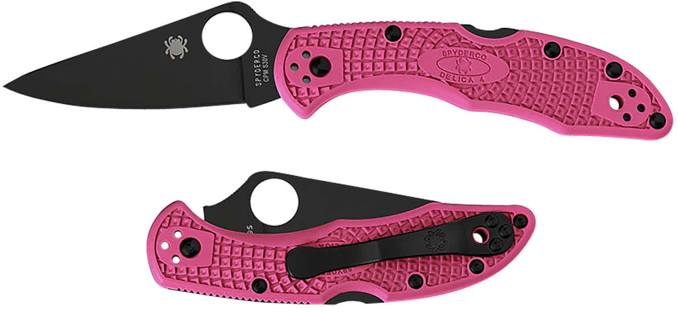Spyderco Delica 4 Lightweight Folder 2.90" Plain Black TiCN CPM S30V Blade Pink Textured FRN Handle with Clip