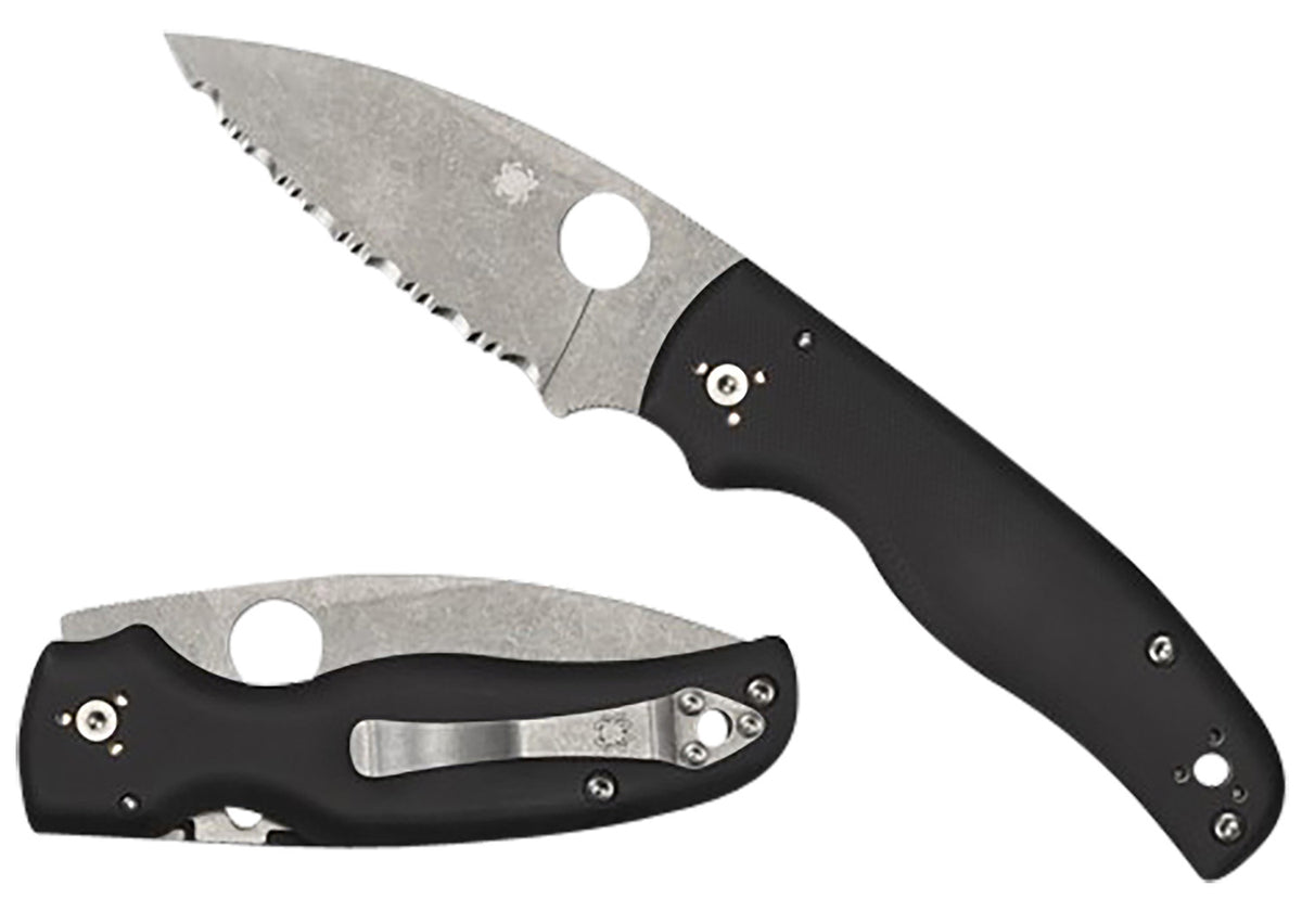 Spyderco C229GS Shaman 3.58" Serrated Stonewashed S30V SS Blade Black G10 Handle Pocket Clip