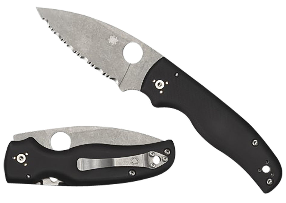 Spyderco C229GS Shaman 3.58" Serrated Stonewashed S30V SS Blade Black G10 Handle Pocket Clip