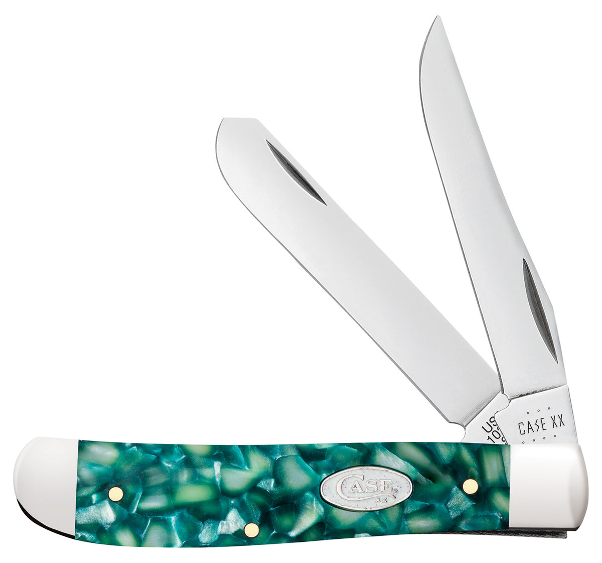 Case SparXX Mini Trapper Folding Pocket Knife – Clip Point/Spey Blades, Mirror Polished SS, Green Kirinite Handle