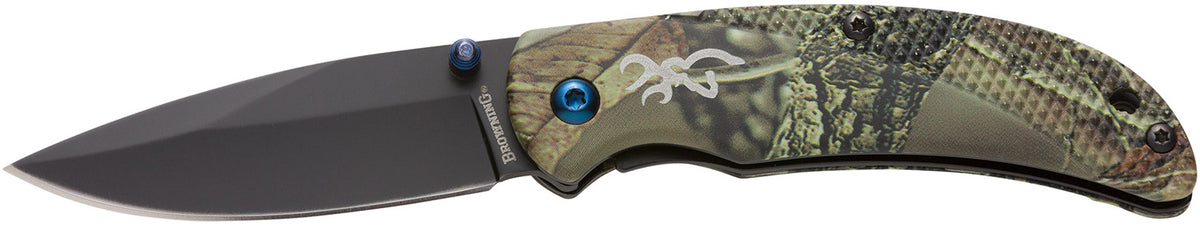 Browning 3220344 Prism 3 Folding Pocket Knife 2.38" Black Oxide SS Blade Camo Aluminum Handle w/Brass Accents