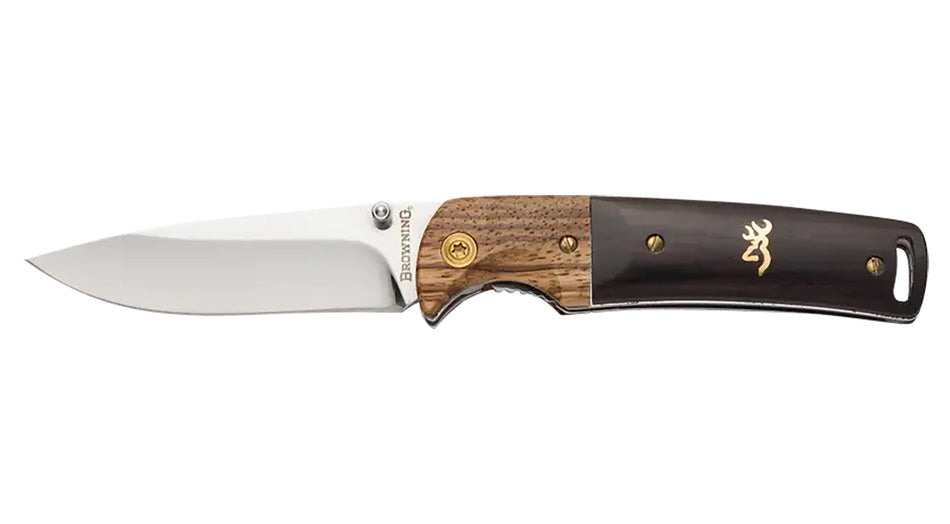 Browning 3220231 Buckmark Hunter 3" Folding Drop Point Polished 8Cr14MoV Stainless Steel Blade Two-Tone Hardwood Handle