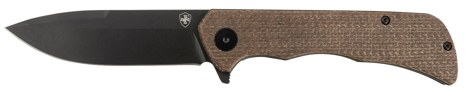 Templar Knife Paladin Linerlock 3.27" Folding Drop Point Plain Black D2 Steel Blade, 4.40" Brown Micarta Handle