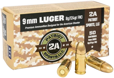 Patriot Sports 9mm Luger / Parabellum Handgun Ammo  Full Metal Jacket FMJ 124 grain 