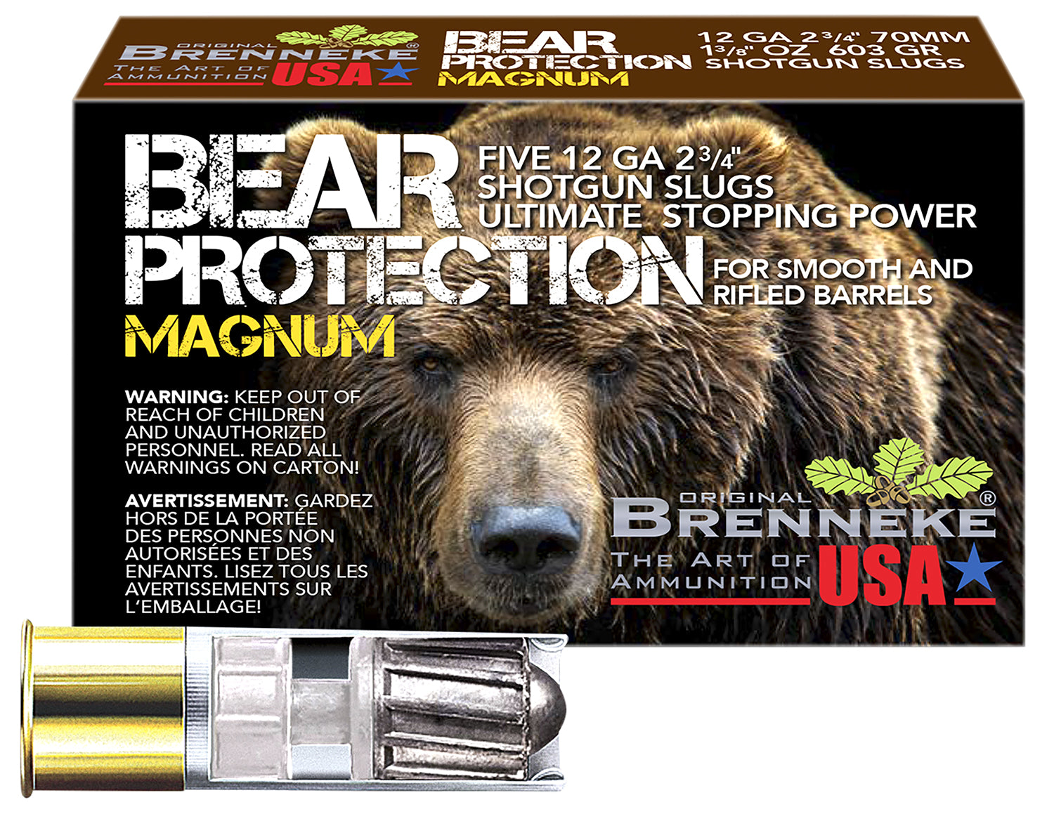 Brenneke 12 Gauge Shotgun Shells Bear Protection Magnum Slug 1-3/8 oz 2.75 in