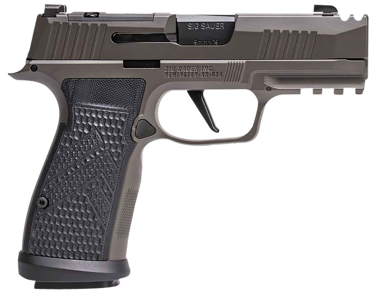Sig Sauer, P365 AXG Legion, Striker Fired, Semi-automatic, Metal Frame Pistol, Sub-Compact, 9MM, 3.1" Barrel, Cerakote Finish, Legion Gray, G10 Grips, XRAY3 Day/Night Sights, Optic Ready, Compensator, 17 Rounds, 3 Magazines
