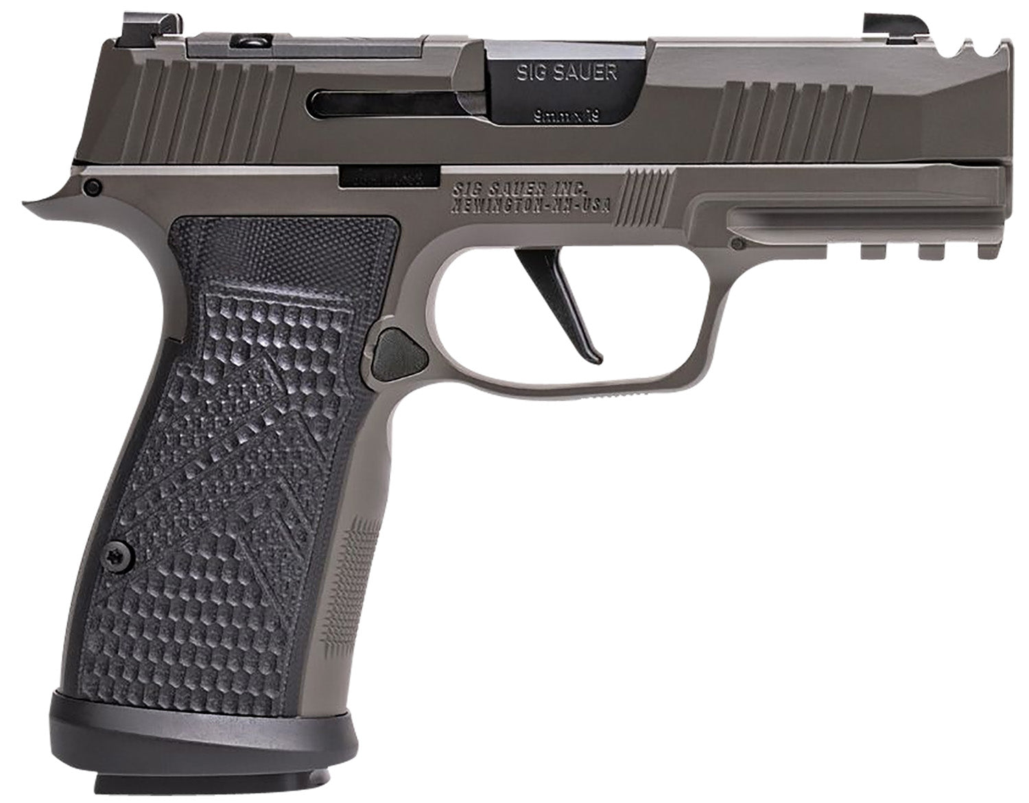 Sig Sauer, P365 AXG Legion, Striker Fired, Semi-automatic, Metal Frame Pistol, Sub-Compact, 9MM, 3.1" Barrel, Cerakote Finish, Legion Gray, G10 Grips, XRAY3 Day/Night Sights, Optic Ready, Compensator, 17 Rounds, 3 Magazines