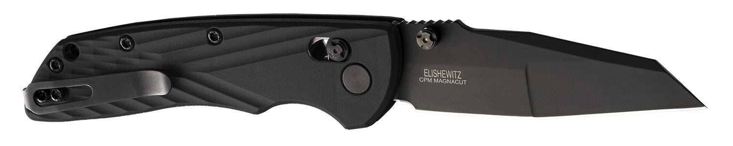 Hogue Deka Folding Knife 3.25" Wharncliffe Blade, Black Cerakote CPM MagnaCut SS, Black Crosshatch Textured GRN Handle