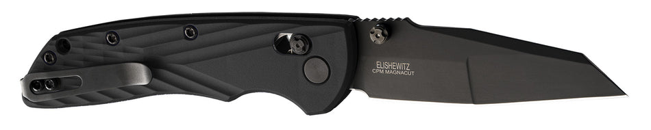 Hogue Deka Folding Knife 3.25" Wharncliffe Blade, Black Cerakote CPM MagnaCut SS, Black Crosshatch Textured GRN Handle