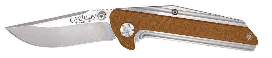 Camillus Sevens Folding Knife 2.75" Plain AUS-8 Carbonitride Titanium Blade, Desert Tan/SS Handle