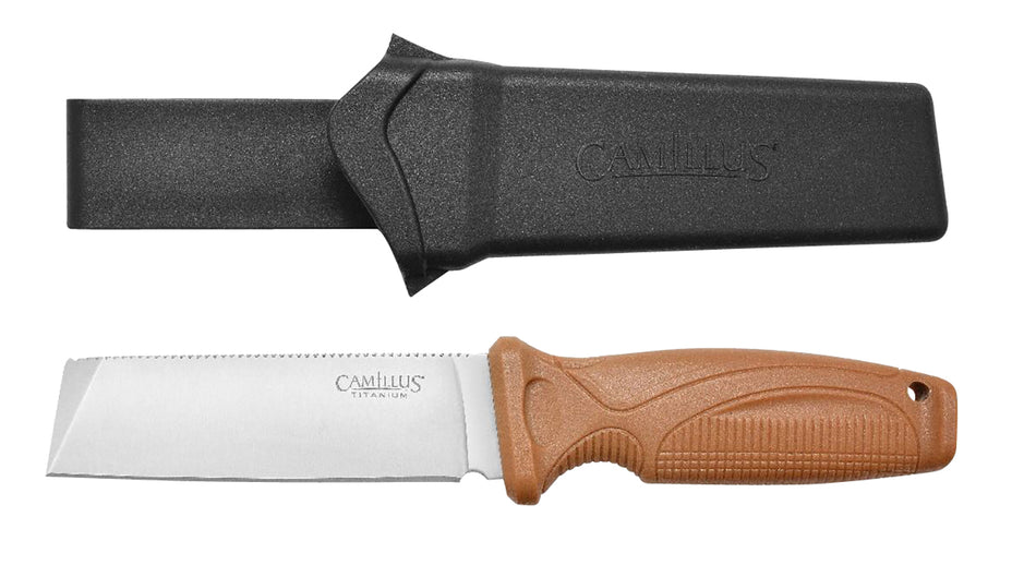Camillus Swedge Fixed Blade 4.30" Titanium Bonded 420 Steel, Tan ABS Handle, Includes Sheath