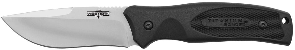 Camillus Western Black River Fixed Blade 3.75" Drop Point Plain Satin Titanium Bonded 420 Steel, Black Rubber Handle and Sheath