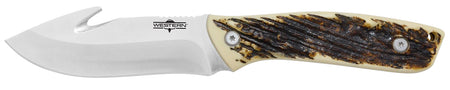 Camillus Western Crosstrail Gut Hook Fixed Blade 4.25" Plain Silver Titanium Bonded 420 Steel, Antler Delrin Handle and Belt Loop
