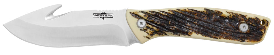Camillus Western Crosstrail Gut Hook Fixed Blade 4.25" Plain Silver Titanium Bonded 420 Steel, Antler Delrin Handle and Belt Loop