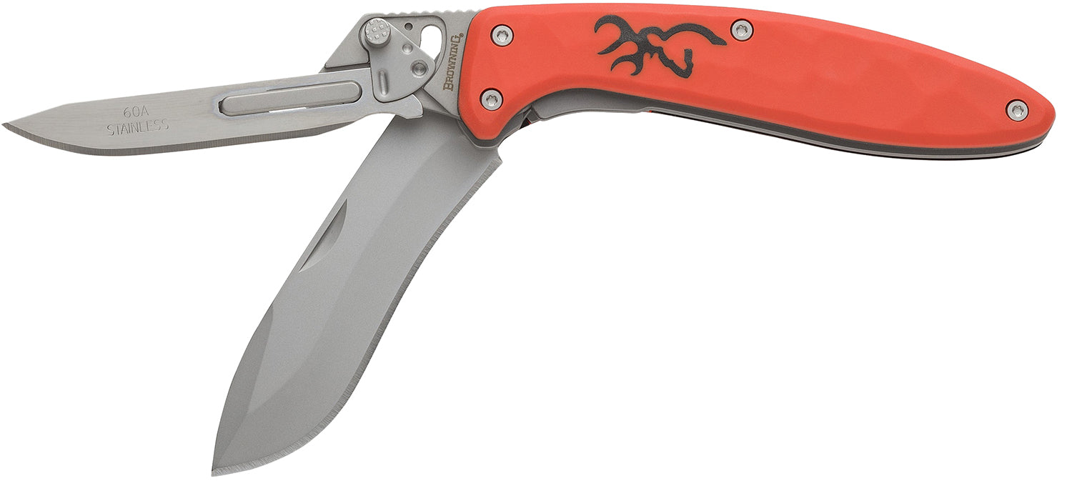 Browning 3220462B Primal Scalpel 2 Boxed 2.75" Folding Scalpel Drop Point Knife Blaze Orange Polymer Handle