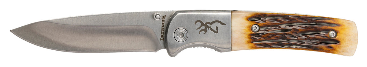 Browning 3220500B Buckmark Hunter Boxed 3" Folding Knife Drop Point Stonewashed SS Blade Bone Scales