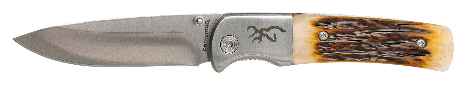 Browning 3220500B Buckmark Hunter Boxed 3" Folding Knife Drop Point Stonewashed SS Blade Bone Scales