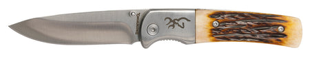 Browning 3220500B Buckmark Hunter Boxed 3" Folding Knife Drop Point Stonewashed SS Blade Bone Scales