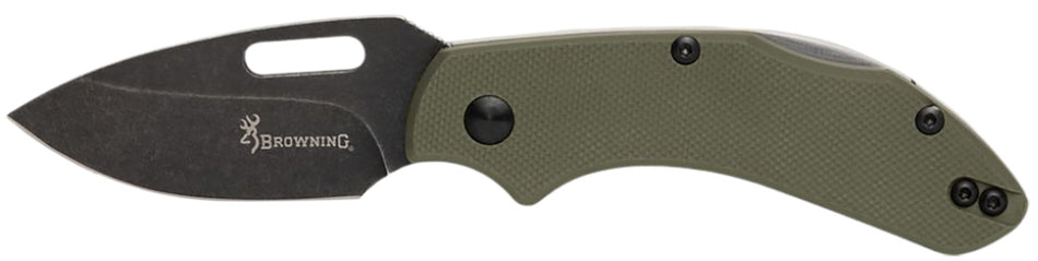 Browning 3220504 Hidden Hollow EDC Small 2.25" Folding Drop Point D2 Blade Black Oxide OD Green G10 Scales
