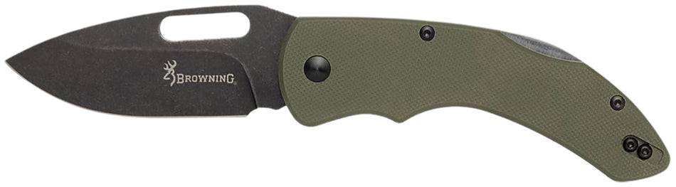 Browning 3220506 Hidden Hollow EDC Large 3" Folding Drop Point D2 Blade Black Oxide OD Green G10 Scales