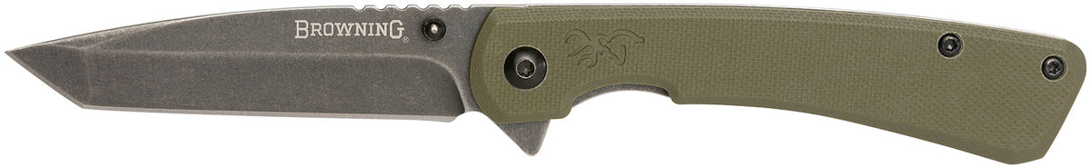 Browning 3220507 Branded Rock EDC 3" Folding Tanto Knife Black Stonewashed SS Blade Ball-Bearing OD Green G10