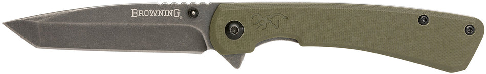 Browning 3220507 Branded Rock EDC 3" Folding Tanto Knife Black Stonewashed SS Blade Ball-Bearing OD Green G10