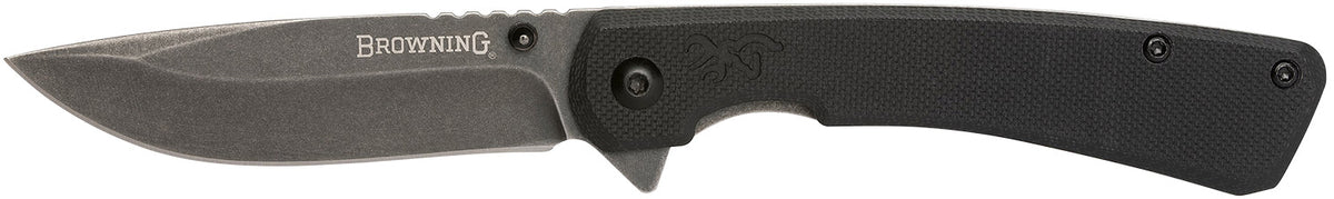 Browning 3220514 Branded Rock EDC 3" Folding Drop Point Knife Stonewashed SS Blade Ball-Bearing Black G10