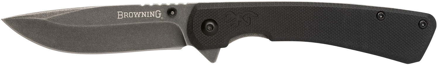 Browning 3220514 Branded Rock EDC 3" Folding Drop Point Knife Stonewashed SS Blade Ball-Bearing Black G10