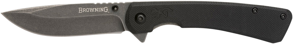 Browning 3220514 Branded Rock EDC 3" Folding Drop Point Knife Stonewashed SS Blade Ball-Bearing Black G10