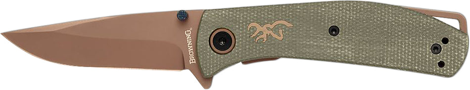 Browning 3220516 Trailside EDC Small 3" Folding Drop Point D2 Steel Titanium Finish Blade Green Micarta Handle