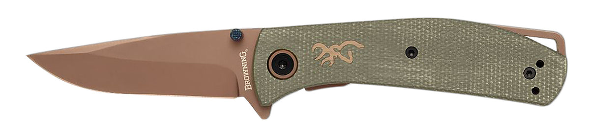 Browning 3220516B Trailside EDC Small 3" Folding Drop Point D2 Steel Titanium Finish Green Micarta Boxed