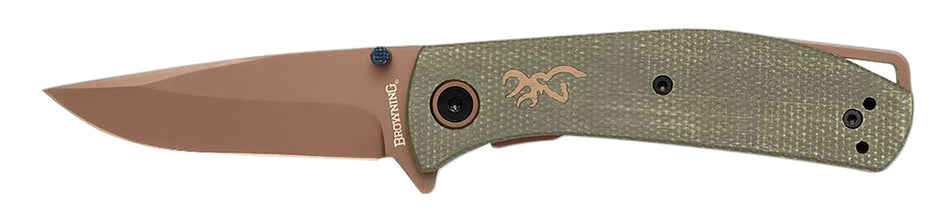 Browning 3220516B Trailside EDC Small 3" Folding Drop Point D2 Steel Titanium Finish Green Micarta Boxed