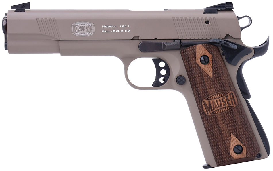 Mauser Rimfire 4110604 1911 .22 LR 10+1 5-Inch Pistol - Black Steel Barrel, Tan Aluminum Slide & Frame w/Beavertail, Walnut Grip, Ambidextrous