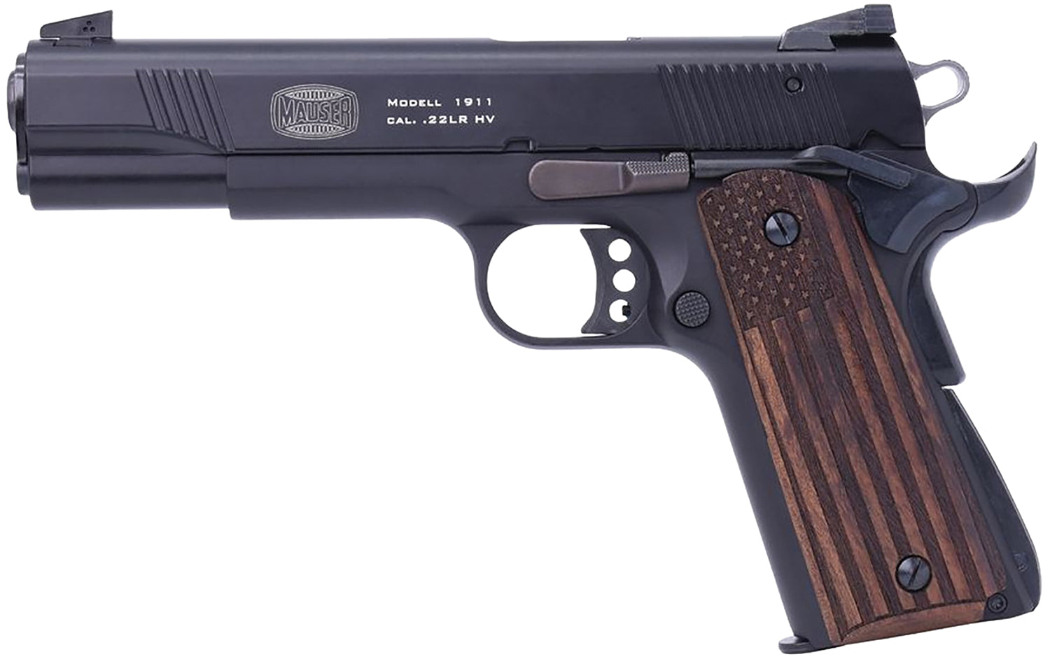 Mauser Rimfire 4110608 1911 22 LR 10+1 5" Black Steel Barrel, Black Serrated Aluminum Slide, Black Aluminum Frame w/Beavertail, Molded Wood Flag Grip, Ambidextrous