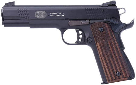 Mauser Rimfire 4110608 1911 22 LR 10+1 5" Black Steel Barrel, Black Serrated Aluminum Slide, Black Aluminum Frame w/Beavertail, Molded Wood Flag Grip, Ambidextrous