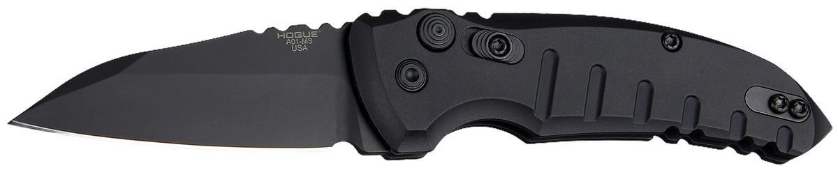 Hogue 24106 A01 Microswitch Folder 2.75" Wharncliffe Blade, Black Cerakote 154CM SS, Matte Black Aluminum Frame