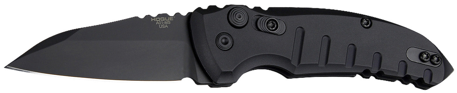 Hogue 24106 A01 Microswitch Folder 2.75" Wharncliffe Blade, Black Cerakote 154CM SS, Matte Black Aluminum Frame