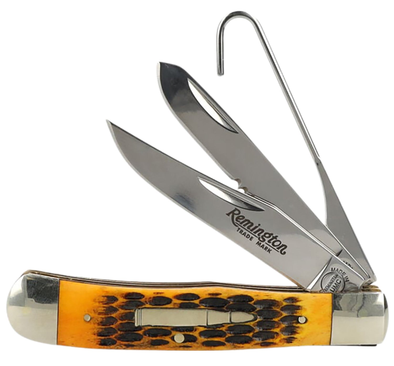 Remington R15696 Bullet Waterfowler Folding Knife 1095 Carbon Steel Blades Burnt Amber Jigged Bone Handle