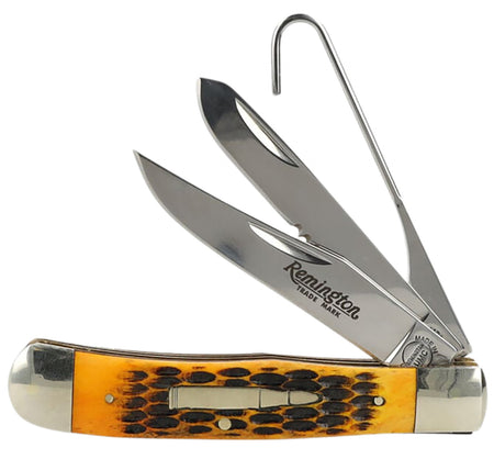 Remington R15696 Bullet Waterfowler Folding Knife 1095 Carbon Steel Blades Burnt Amber Jigged Bone Handle