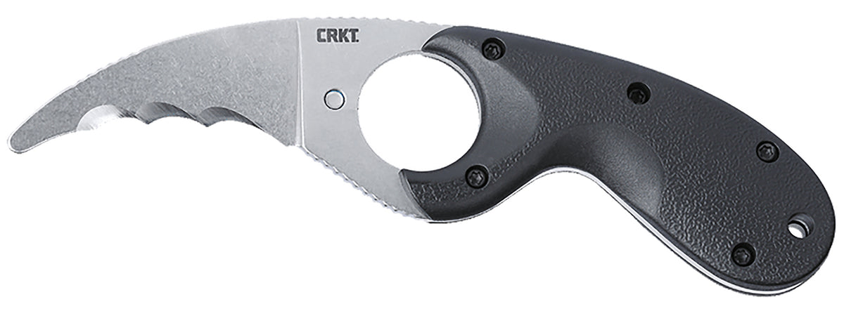 CRKT Bear Claw Fixed Blade Knife 2.39" Hawkbill Veff Serrated Stonewashed AUS-8A SS, Black Textured GRN Handle with Sheath
