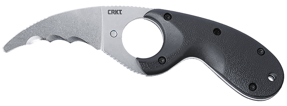 CRKT Bear Claw Fixed Blade Knife 2.39" Hawkbill Veff Serrated Stonewashed AUS-8A SS, Black Textured GRN Handle with Sheath