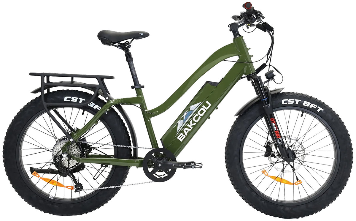 Bakcou B-FST24-G-B17 Flatlander ST 24 E-Bike Gloss Army Green 18" Stand Over 26" Shimano 9-Speed Bafang 750W Motor