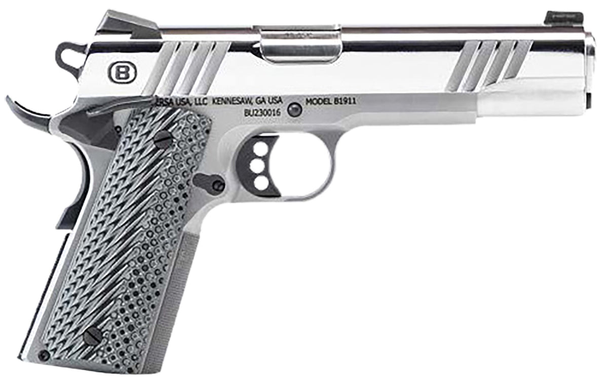 Bersa B1911 Mirror Full Size .45 ACP 8+1 5" Stainless Barrel Polished Slide Gray VZ Grip