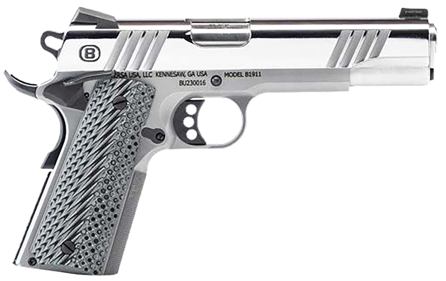 Bersa B1911 Mirror Full Size .45 ACP 8+1 5" Stainless Barrel Polished Slide Gray VZ Grip