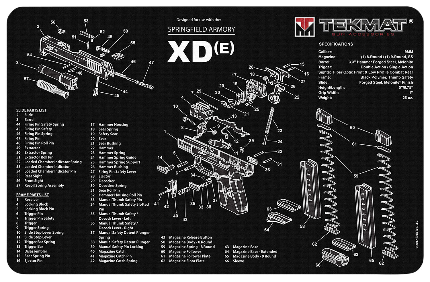 TekMat TEKR17XDE Springfield XDe Parts Diagram Cleaning Mat 11"x17"