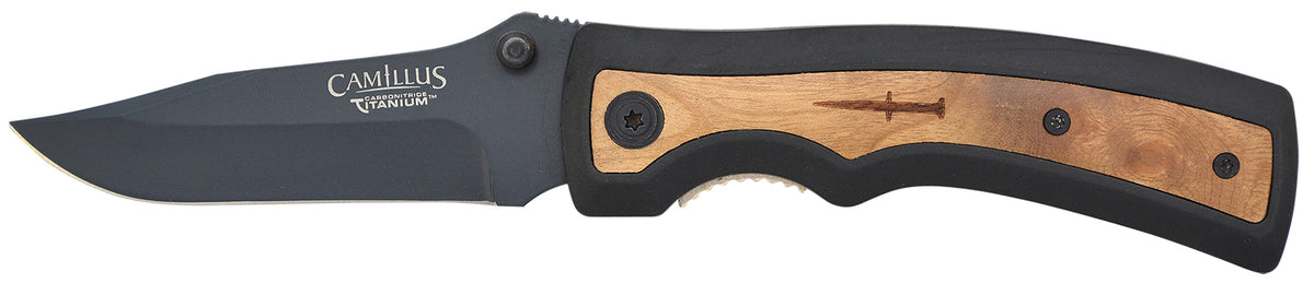 Camillus Slick Folding Knife 3" Clip Point Carbonitride Titanium AUS-8A SS Blade, Black Rubber and Burlwood Handle