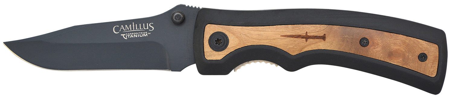 Camillus Slick Folding Knife 3" Clip Point Carbonitride Titanium AUS-8A SS Blade, Black Rubber and Burlwood Handle